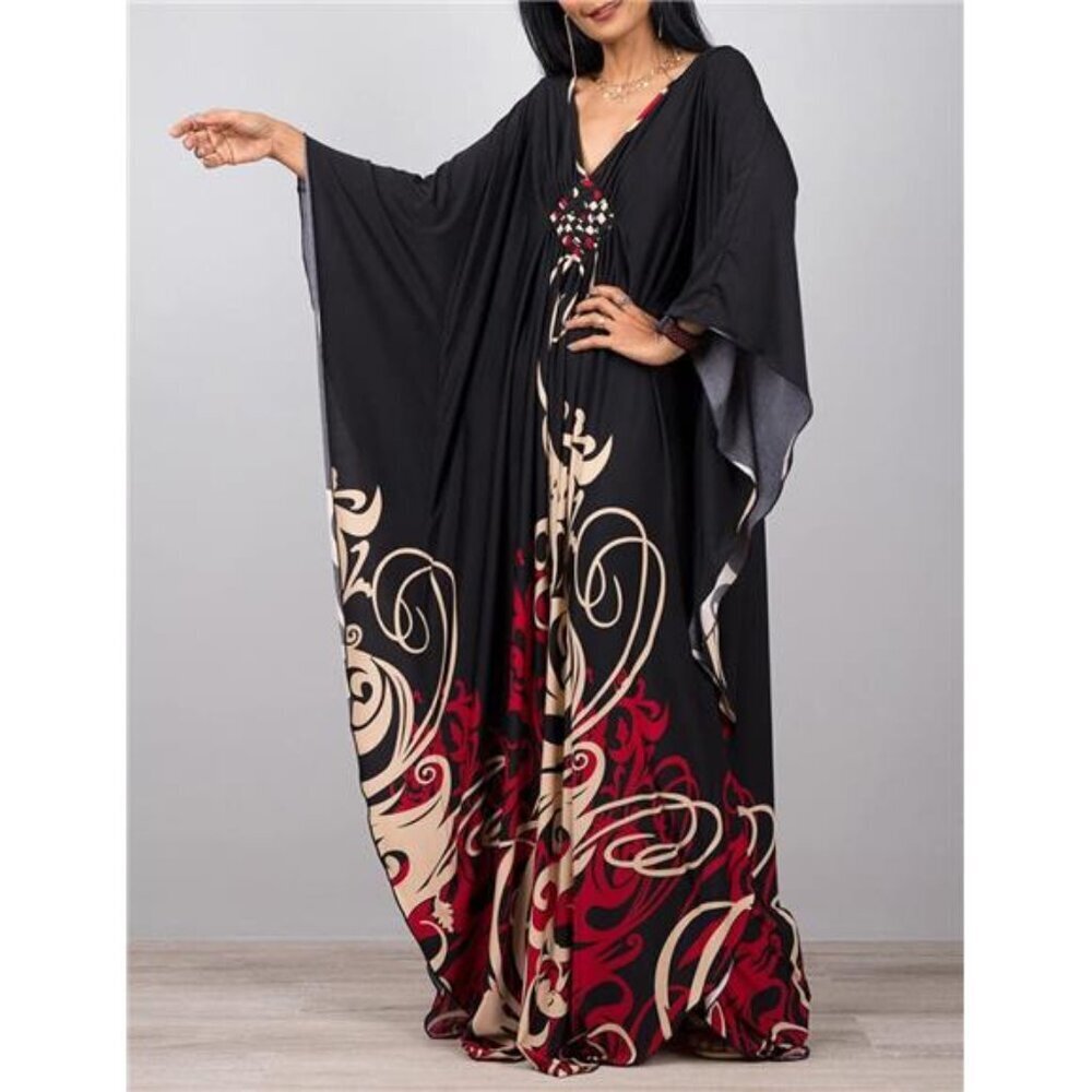 👉 Women Ethnic Print Kaftan Beach Dress Plus Size Swimsuit Cover Up